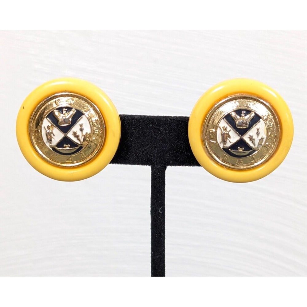Vintage Yellow Gold Tone Blue Crest Round Clip On Earrings Nautical Preppy